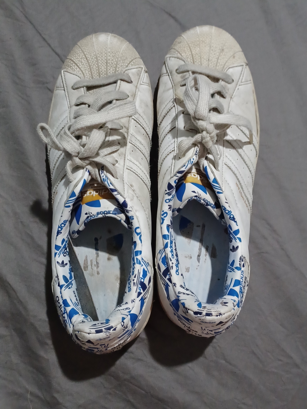 Adidas White Shell Toe Sneakers with Blue Floral Lining